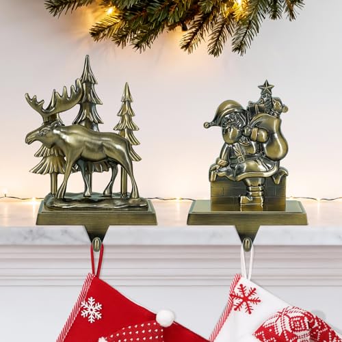 INNO STAGE Christmas Stocking Holders for Mantle Set of 2, Heavy Duty 3D Reindeer Xmas Tree Stocking Holders with Non-Slip Base, Stocking Hooks Hangers for Fireplace Shelf Table Festive Xmas Decor