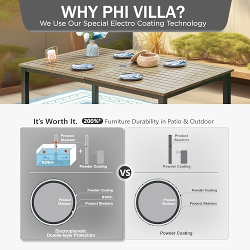 Image of PHI VILLA Patio Dining Set for 6, Stackable Chairs&Wood-Like Table | 65 inch Brown Wood-Like Metal Steel Dining Table & Black Iron Chairs, Patio Furniture Set for Patio, Deck, Yard, Porch