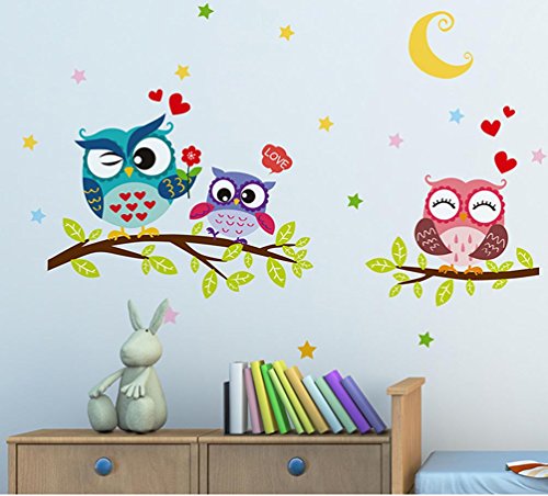 BIBITIME Night Moon Star Sky Wall Sticker Love Family Owls on The Tree Branch Wall Decal for Nursery Bedroom Kids Room Decor,25.19" x 16.92"