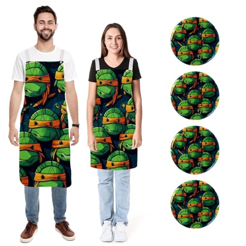 Tablier de cuisine avec poches lot de 2 réglable anti-taches motif tortue