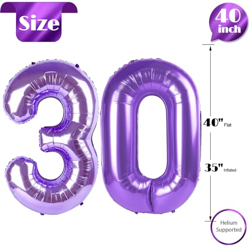 Image of Purple Number 30 Balloon 40 Inch, 30th Birthday Party Decorations, Giant 30 Foil Balloon for Party Supplies