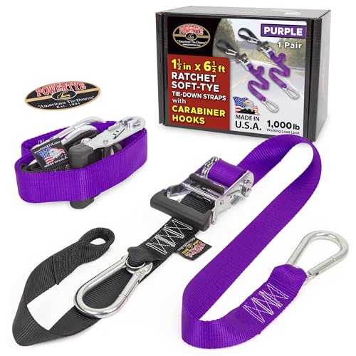 Image of PowerTye 1.5in x 6.5ft Heavy Duty Ratchet Tie-Down Straps with Soft-Tye and Carabiner Hooks - 1,000 lb Working Load Limit / 3,000 lb Breaking Strength - Made in USA - Purple /Black (Pair)