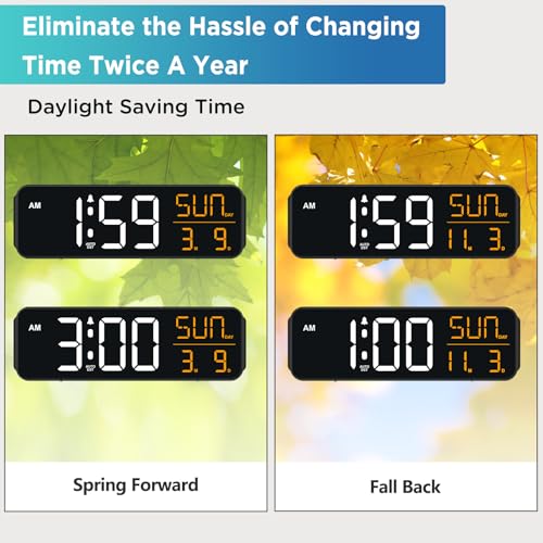 Image of Peakeep Large Display Digital Alarm Clock for Bedroom with Date Day of Week | Calendar Desk Table Clocks for Living Room Office, Dimmable Plug in Electric Clock Battery Backup, 5 Volumes, Loud, Auto DST