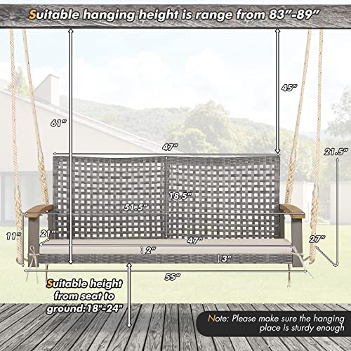 Relax4Life 2-Seater Outdoor Porch Swing - Patio Pe Rattan Hanging Swing Bench With Seat Cushion And Strong Hanging Ropes, Wicker Swing Loveseat Bench For Porch, Backyard, Garden, 800 Lbs (Off White) #TOP4