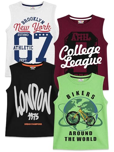 Image of Kuchipoo Boys Sleeveless Cotton Tshirts | Printed Round Neck Kids Tshirts for Summer Wear | Pack of 4