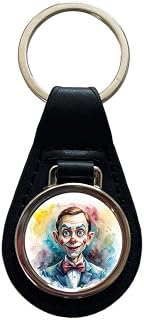 Creepy Ventriloquist Dummy Watercolor Black Leather Metal Keychain