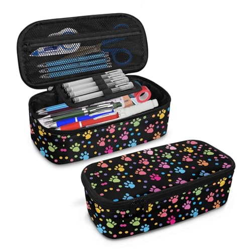 Image of Colorful Dog Paw Prints Pencil Case for Kids Large Penci Pouch,Wave Point Pencil Box for Boys Girls Daily Pencil Bag for Preschool Children Pencil Container for Students Teenagers