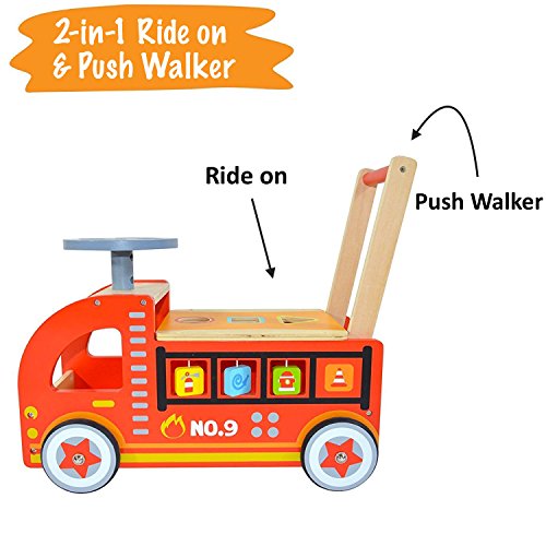 Pidoko Kids Ride On Fire Truck - Wooden Push and Pull Walker Cart - Balance Wagon Toy for Toddlers Boys & Girls age 18 Months and up