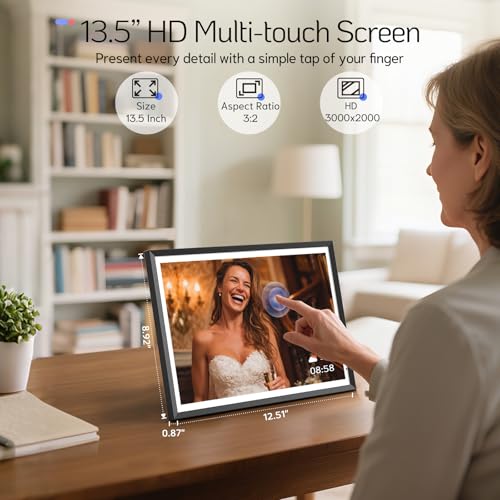Image of NexFoto 13.5 inch Digital Picture Frame 64GB, 3K Resolution Touchscreen Electronic Photo Frame, Add Pics from Google Photos, Share Photos /Videos via APP /USB, Unboxing Gift Mode, for Christmas /Mom, Black