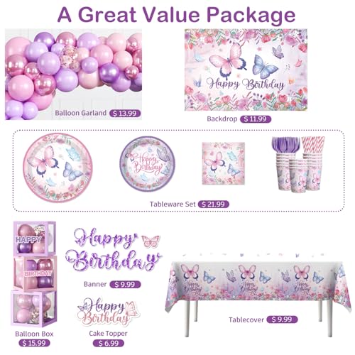 Fexivo 256pcs Butterfly Birthday Decorations Complete Party Set, Butterfly Theme Birthday Decorations, Serves 20pcs Plates, includes Banner Backdrop Balloon Arch Tableware Tablecloth by Fexivo - Used condition - Image 3