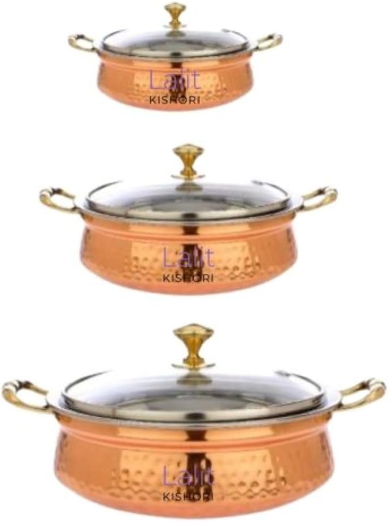 jewellary hub Hammered Copper Handi | Brass Handle | Saute Fry Pan | Combo 3 pcs Set | Copper Sipri with Glass Lid for Cooking and Serving 300, 500 & 700 ml