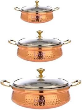 jewellary hub Hammered Copper Handi | Brass Handle | Saute Fry Pan | Combo 3 pcs Set | Copper Sipri with Glass Lid for Cooking and Serving 300, 500 & 700 ml