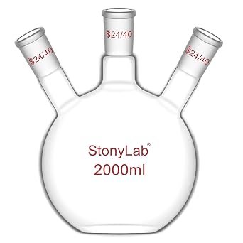 stonylab 3 Neck Flat Bottom Flask, High Borosilicate Glass, 24/40 Standard Taper Joint, Chemistry Laboratory Reaction Flask, 2000 ml Capacity