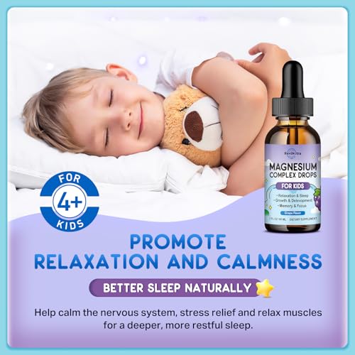 Image of (2 Pack) Magnesium Glycinate Liquid for Kids, Kids Magnesium Liquid Drops Supplement with L-Theanine, Calcium, Zinc, Vitamin D3 K2 for Sleep Calm Relaxation Brain Bones Focus, Grape Flavor 4 Fl Oz