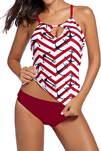 MEMORY BABY Mujeres Bañador Dos Piezas Push Up Traje de baño con Rayas Strappy Impreso(Rojo,XL)