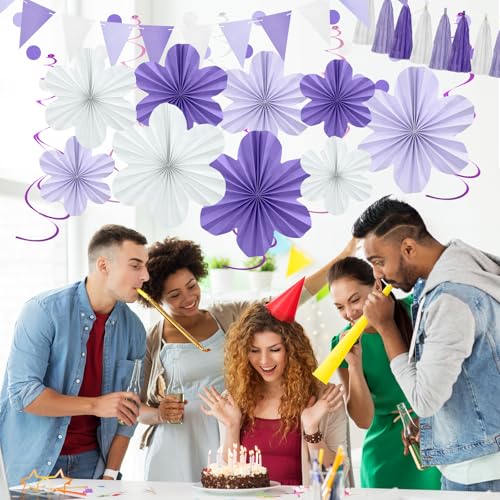 Image of Lavender Birthday Party Decorations Purple White Party Decorations | Hanging Paper Flowers Tassel Garland Swirls for Women Girl Graduation Baby Showers Wedding Bachelorette Retirement Supplies
