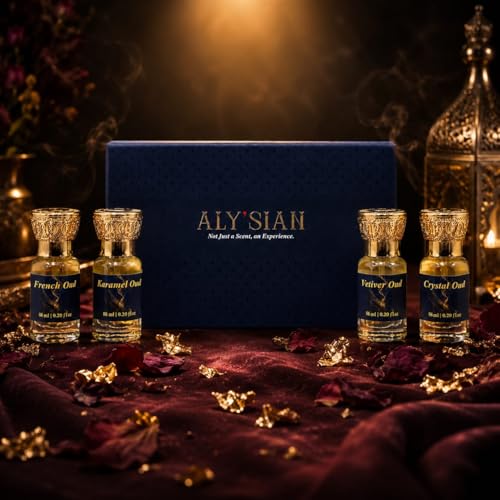 Image of ALY'SIAN Oud Signature Gift Set 4 x 6ml Premium Attar Perfume Oil for Men & Women Crystal Oud, Karamel, French & Vetiver Long Lasting Non Alcoholic Roll On Fragrance Unisex Luxury Ittar Gift Collection