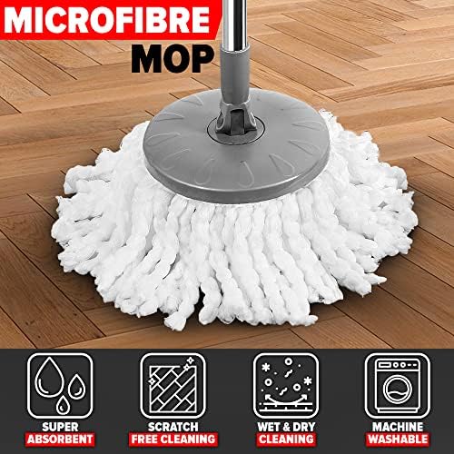 ZENQA Spin Mop and Bucket Set | 360° Spin Mop for Cleaning Floors | Stainless Steel Handle Extendable | Mop Bucket with 2 Super Absorbent Microfibre Mop Head Wet and Dry