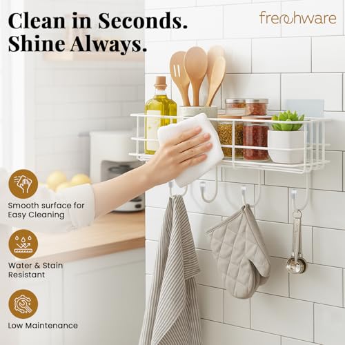 Image of Frenchware Self Adhesive Kitchen Shelf Organiser, Drill-Free Wall Rack | with Magic Stickers & 4 Hooks, Rust-Proof Storage Shelf for Bathroom, Black