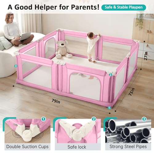 Image of Doradotey Adjustable Baby Playpen with Adult Door, Foldable Large Playpen for Babies and Toddlers, Breathable Mesh Indoor Baby Playard, Safe Fence, 79 x 71 Inch, Pink