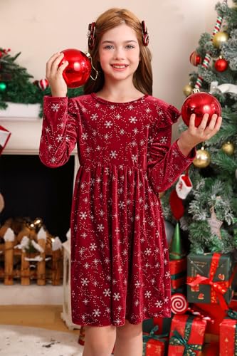 BesserBay Christmas Girls Velvet Solid Ruffle Long Sleeve Midi Dress 4-12 Years2