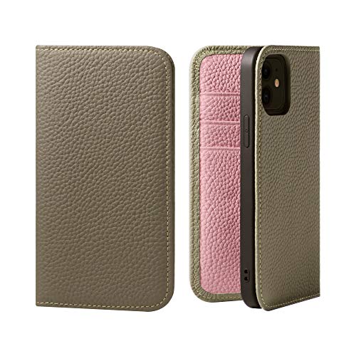 【Amazon限定ブランド】 SACHKURA iPhone12/iPhone12 Pro 対応 手帳型 ケース レザー 本革 シュリンクカーフレザー 牛革 マグネット無し 耐衝撃 手帳 メンズ レディース グレージュ&ピンク SK-12Pro-Grege-PK