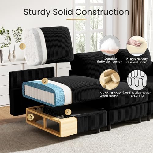 KKL Modular Sectional Sofa Bed - Sofa Couch with Storage Ottoman, Convertible L/U-Shaped Sleeper Couch for Living Room, Modern Reversible Design, Black - Thumbnail 5