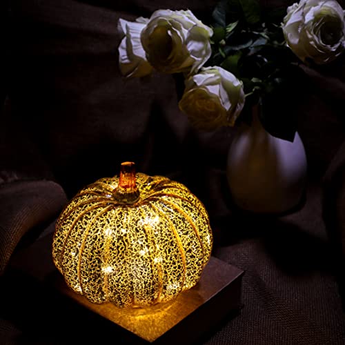 Image of Romingo Mercury Glass Pumpkin Light with Timer for Halloween Pumpkin Decorations Fall and Thanksgiving Christmas Decor,Gold, 5.5 inches