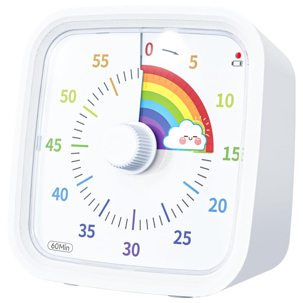 CTRLZS 60 Minute Visual Timer with Protective Case, Rainbow Disk Timer, Silent Countdown Time Management Tool White