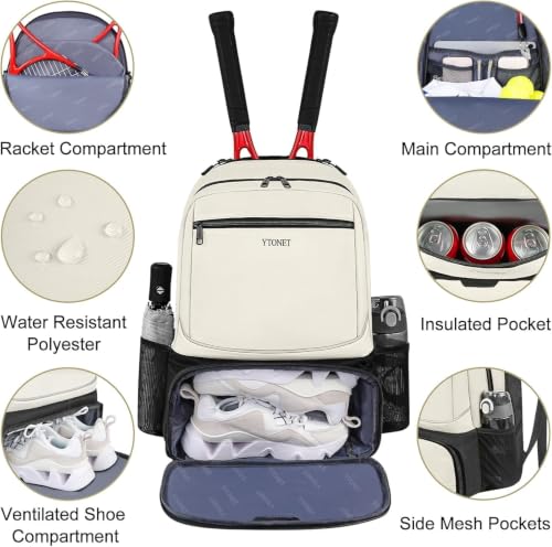 Image of Ytonet Tennis Bag Tennis Backpack for Women Men 2 Rackets | Insulated Pocket and Ventilated Shoe Compartment, Gym Bags with Fence Hook for Pickleball and Badminton Rackets