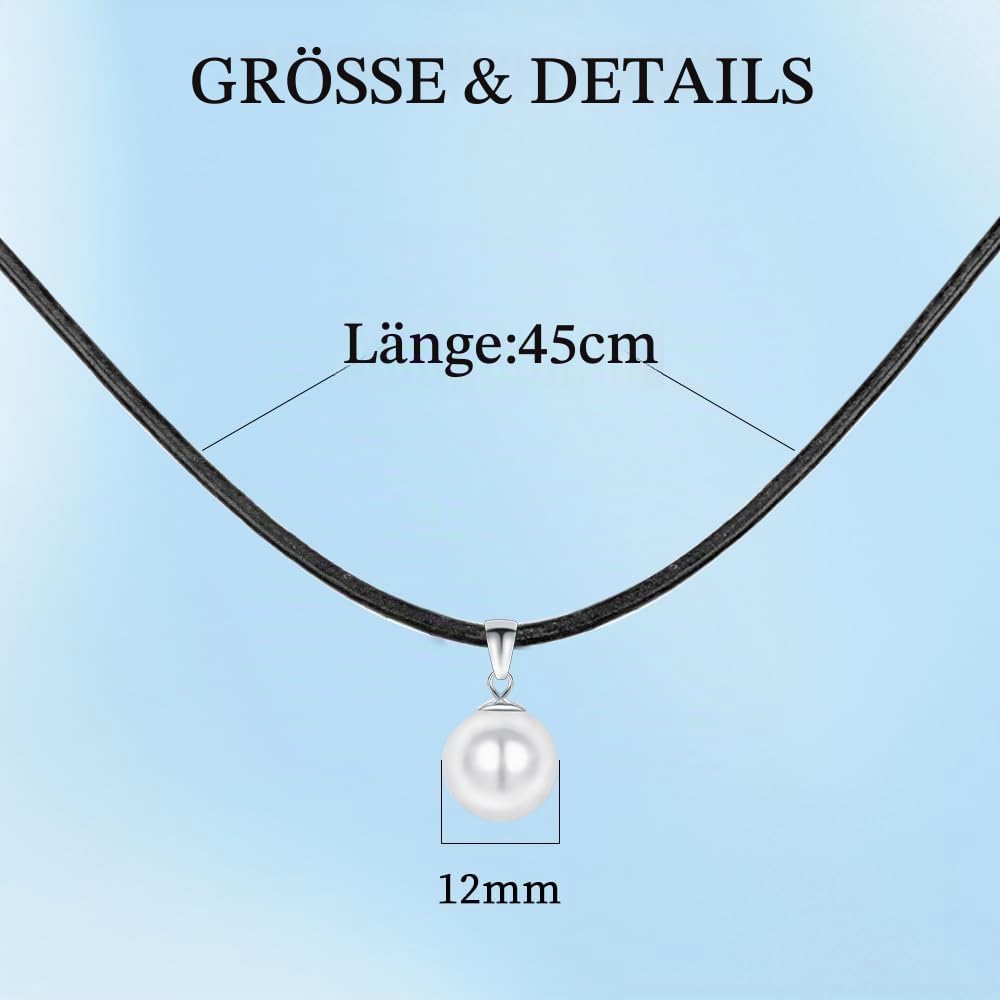 Perlen Leder Halskette für Damen Echtes Leder 45 cm 925er Silber Verschluss Anhänger Kette 12 mm runde Naturperle Muschelperle