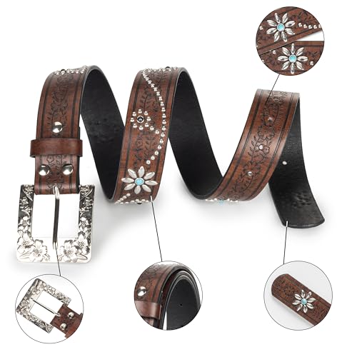 Image of Western-Leather-Belts-Women Vintage Waist-Belts with Hollow Out Flower