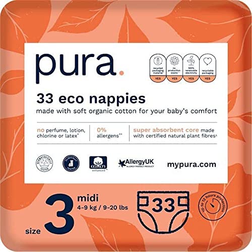 Pañales Pura Premium Eco Baby Talla 3 (Midi 4-9kg / 9-20 lbs) 1 paquete de 33 pañales, ecológicos, fabricados con algodón orgánico, hasta 12 horas de protección contra fugas