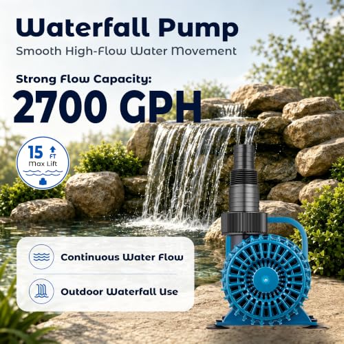 Image of TONGCHANT Pond Pump for Fish Pond Fountain & Waterfall, 2700 GPH 15FT Lift | 120W Submersible water pump, ultra quiet motor, 180 rotatable outlet, filter bag, 20FT cord, UL listed