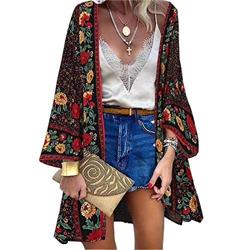 Women’s Bohemian Floral Print Kimono Cardigan Blouse Casual Summer Loose Cover Ups Long Sleeve Tops