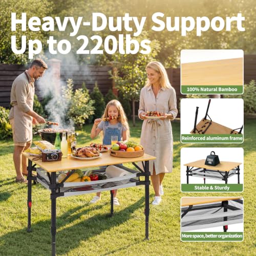 39.4'' Large Bamboo Camping Table, Aluminum Adjustable Height Folding Table by Join Nature - Used condition - Image 5