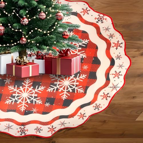 Falda Arbol De Navidad 120cm,Cubre Pie Arbol De Navidad Bordes Ondulados,Alfombra De Patrón De Copo De Nieve a Cuadros Rojos,Decoraciones para Fiestas Navideñas En Casa (Medium-90cm)