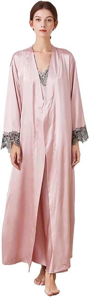 ASHER FASHION 2 Piece Women Satin Nightgowns and Robe Set Sexy Lace Silk Slip Dress Long Chemise Nightdress Sleepwear