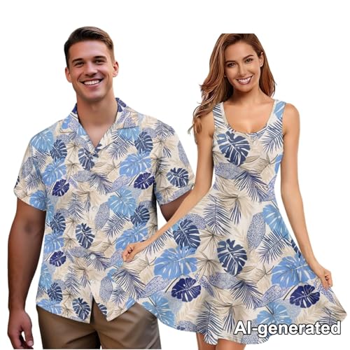Image of Hawaii Matching Couple Outfits Husband and Wife Clothing Fashionable Mens Casual Shirts Hawaii Dress with Soft Fabric