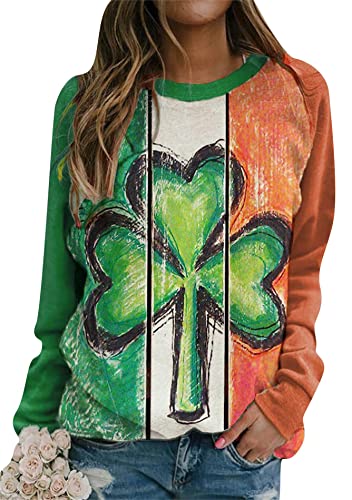 Image of Womens St. Patrick Day Lucky Clover Sweatershirt Crew Neck Long Sleeve Blouse Graphics Tie Dye Pullover