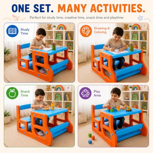 Image of eHomeKart Kids Double Seater Study Table & Bench Set | 90x75x58 cm | School Senior with Backpack Storage | Children Activity Desk Chair for Boys & Girls | Age 3-10 Years (ONE Bench)