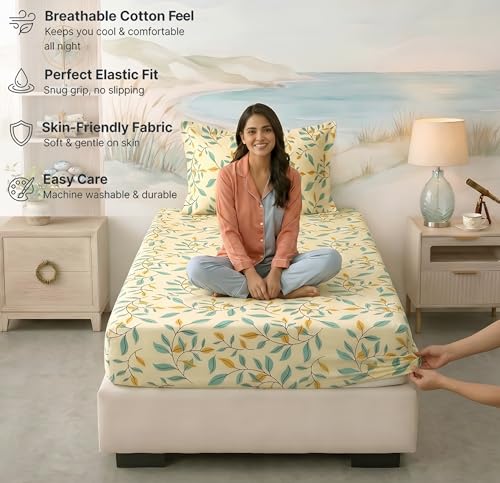 Image of BSB HOME 220 TC Cotton Fitted Single Bedsheet with 1 Pillow Cover, Soft Breathable, Elastic Fit, Fade Resistant, Easy Care - 36 x 72 + 6 Inches (Spring Leaf Multi)