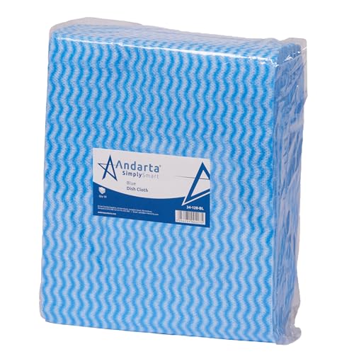 andarta - Blue J-Dish Cloths - Pack of 50 (35 x 42cm) - Versatile Cleaning Cloths for Kitchens Bathrooms and General Areas - Absorbent Quick-Drying Washable and Lightweight