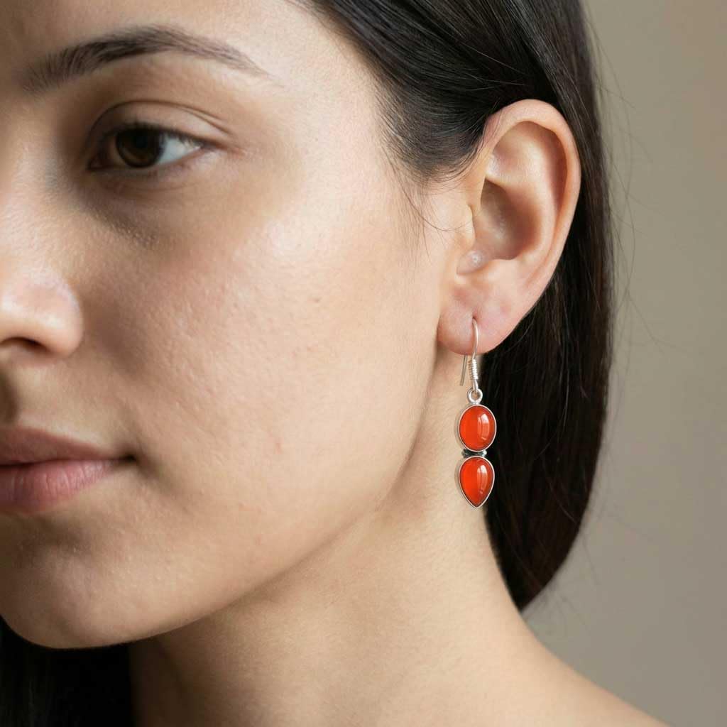 Natural Gemstone Drop Dangle Earring For Women Rose Quartz, Carnelian, Agate, Tiger Eye Round - Pear Boho 925 Sterling Silver Plated Handmade Jewelry