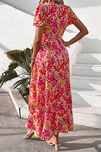 Image of PRETTYGARDEN Women's Summer Wrap Maxi Dress Casual Boho Floral V Neck Short Sleeve Ruffle Hem Split Beach Long Dresses
