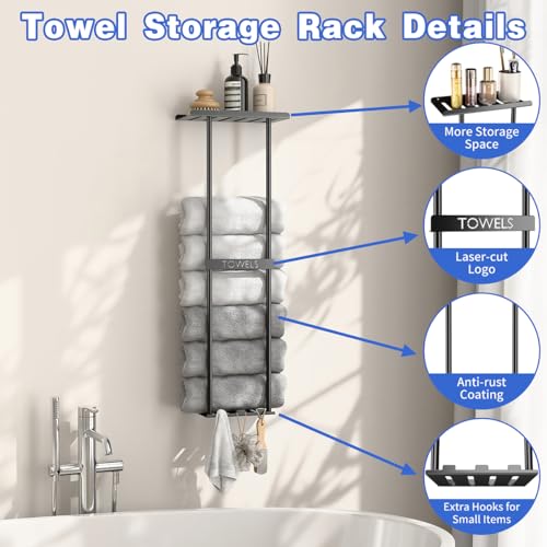 2-Tier-Wall-Mounted-Towel-Rack-with-Hooks-Shelf-Black-Metal-Towel-Holder-for-Small-Bathrooms-Standard-Version