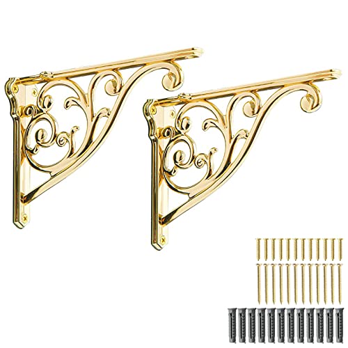 khtumeware Shelf Brackets 8 Inch 2pack Heavy Duty Gold Brass Wall Bracket Baroque Kitchen Decorative Rack Shelves, Including All Hardware. (4, Gold)