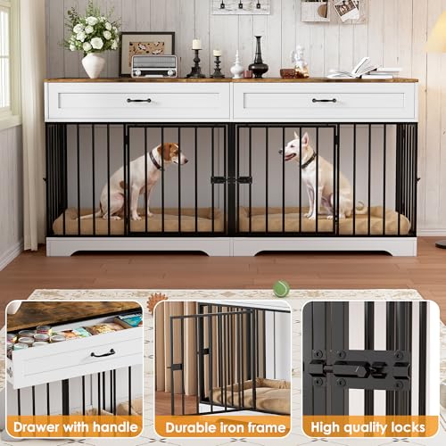 Hundekäfig für Zuhause, Hundebox Indoor für 2 Hunde Extra groß Hundekäfig Möbel XXL Stabile Hundehütte mit Trennwand & 2 Schubladen Moderne Hundehaus Indoor 4 Türen für große Hunde, Bis zu 100KG