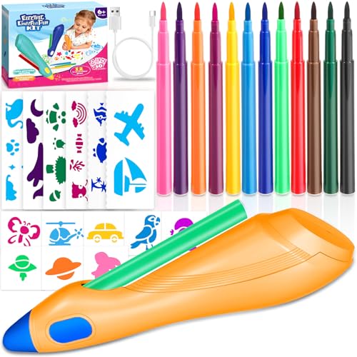 ZZXLOPEZ Airbrush Set für Kinder, Elektrischer Farbsprühstift, Airbrush-Stift für Kinder, 12 Farben zum Sprühen, 30 Schablonen, Sprüh-Graffiti-Stifte, Airbrushset, Geschenke für KindeR(Orange)