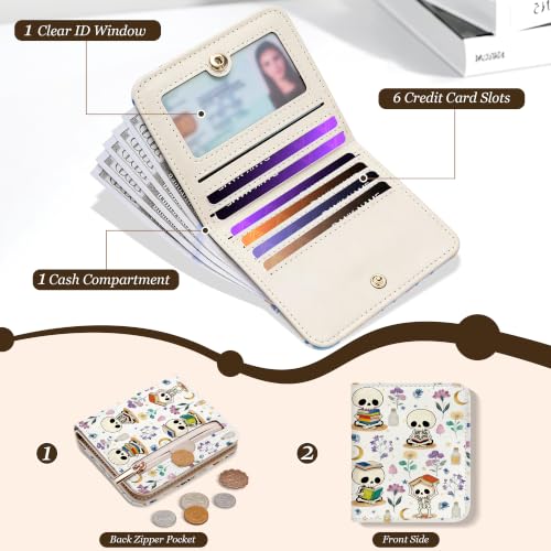Image of Toughergun Bookish Skeletons RFID Small Wallet Women, Slim Thin Vegan Leather Bifold Wallet with Zipper Coin Pocket & ID Window, Cute Mini Travel Credit Card Holder Gift for Women Ladies Teen Girls